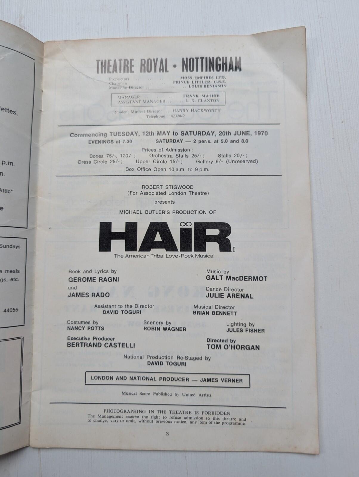 Hair - Theatre Royal Nottingham Programme, 1970 Richard O'Brien/Joan Armatrading