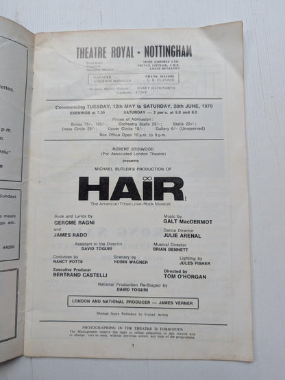 Hair - Theatre Royal Nottingham Programme, 1970 Richard O'Brien/Joan Armatrading