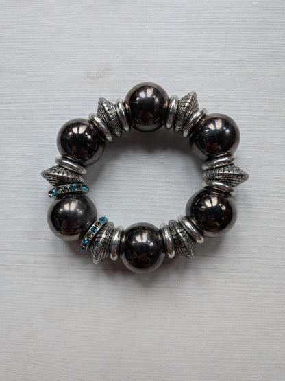 Black/Silver Chunky Beaded Bracelet with Blue Diamantes