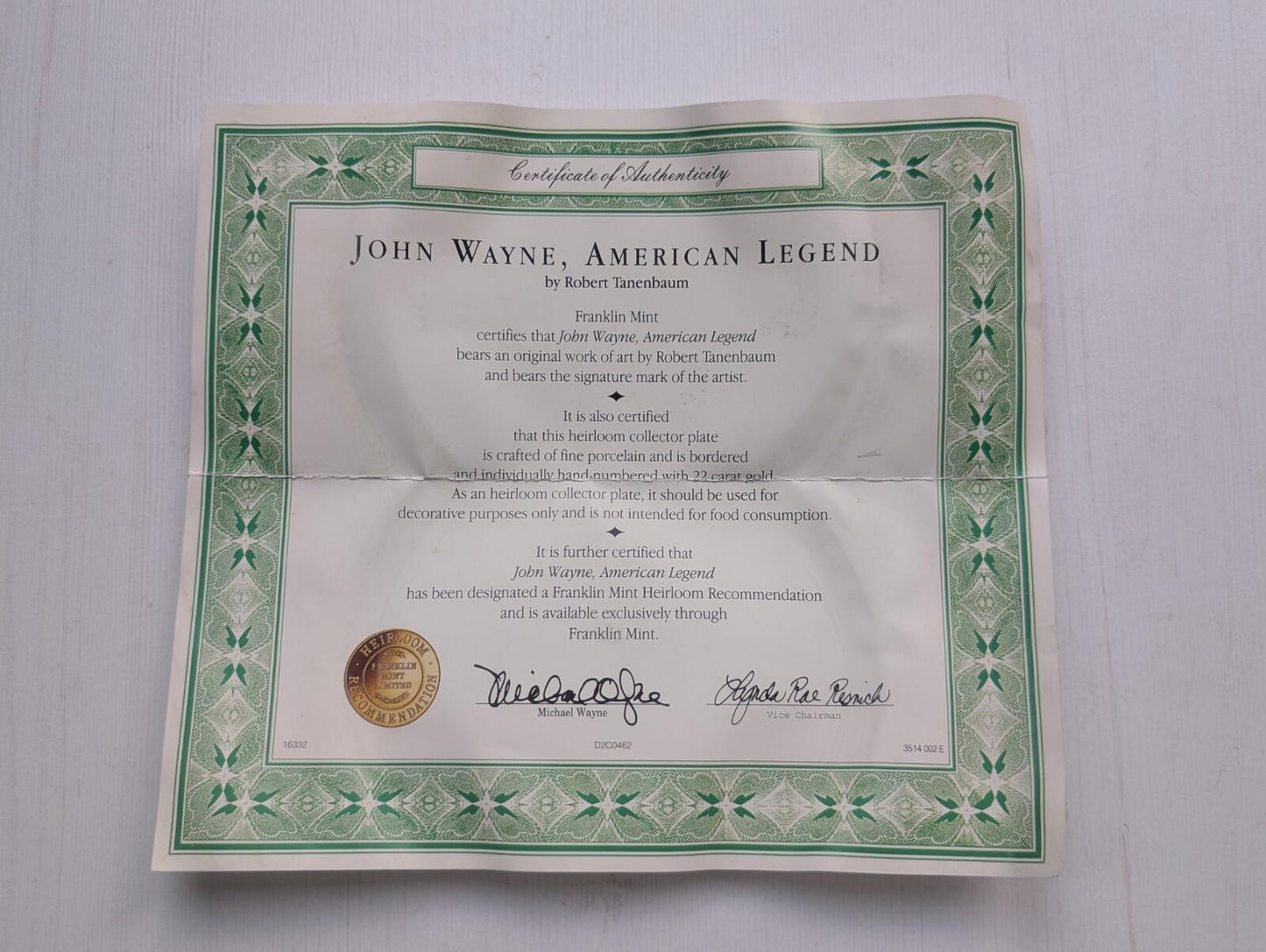 "John Wayne, American Legend" Limited Edition Plate - Franklin Mint Heirloom
