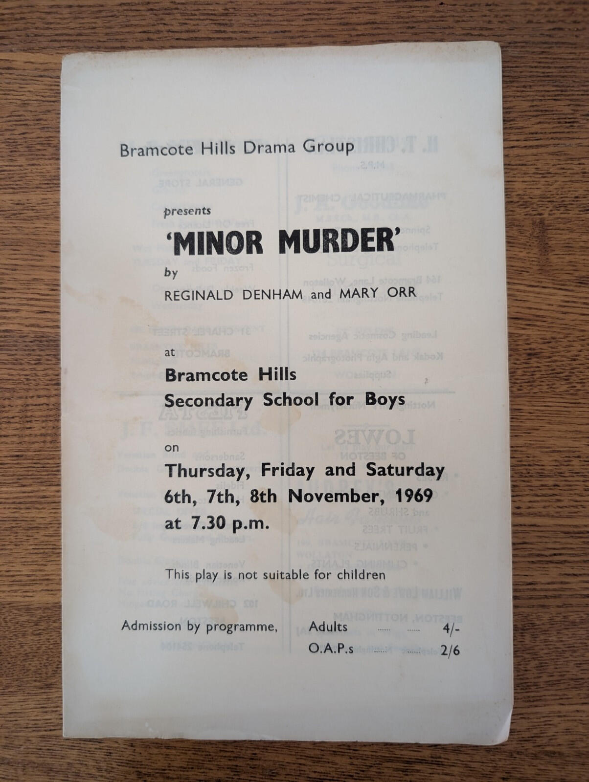 Bramcote Hills Drama Group Minor Murder Theatre Programme