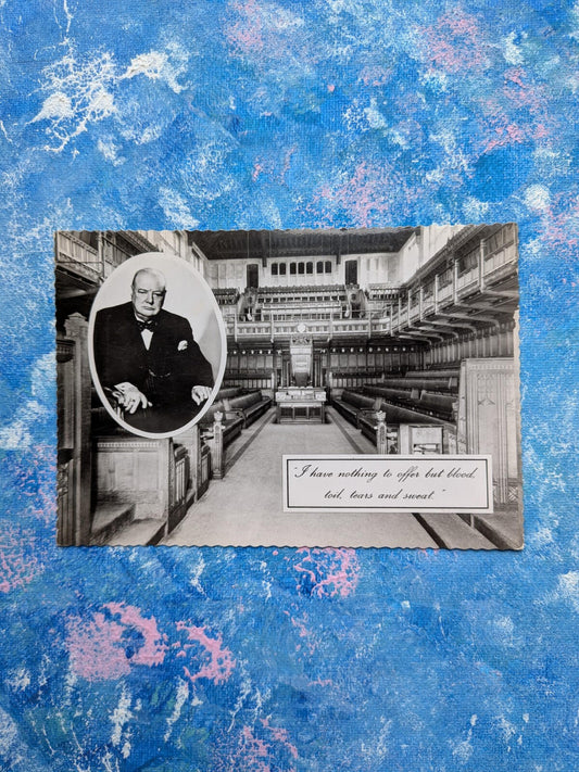 Vintage Winston Churchill Postcard - "Blood Toil, Tears & Sweat" - Real Photo