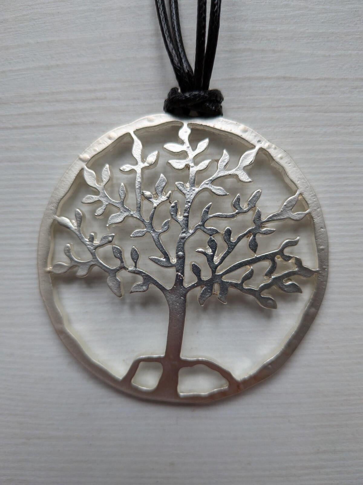 Silver Tree of Life Pendant Necklace on Waxed Black Cord