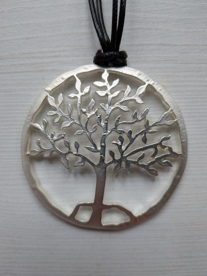 Silver Tree of Life Pendant Necklace on Waxed Black Cord