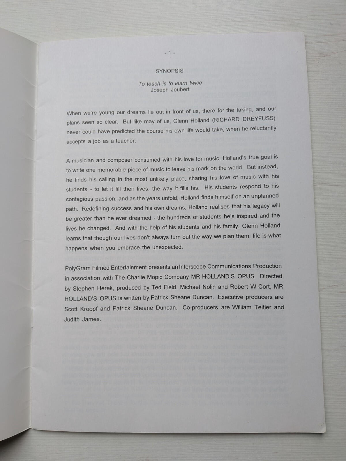 Mr Holland's Opus 1995 Richard Dreyfuss Movie Press Kit Synopsis/Cast List