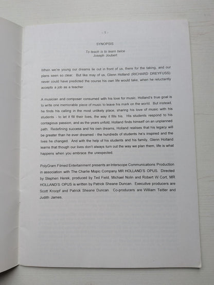 Mr Holland's Opus 1995 Richard Dreyfuss Movie Press Kit Synopsis/Cast List