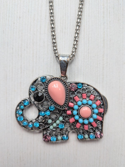 Boho/Hippie-Style Metal Mesh Necklace with Multi-Coloured Elephant Pendant