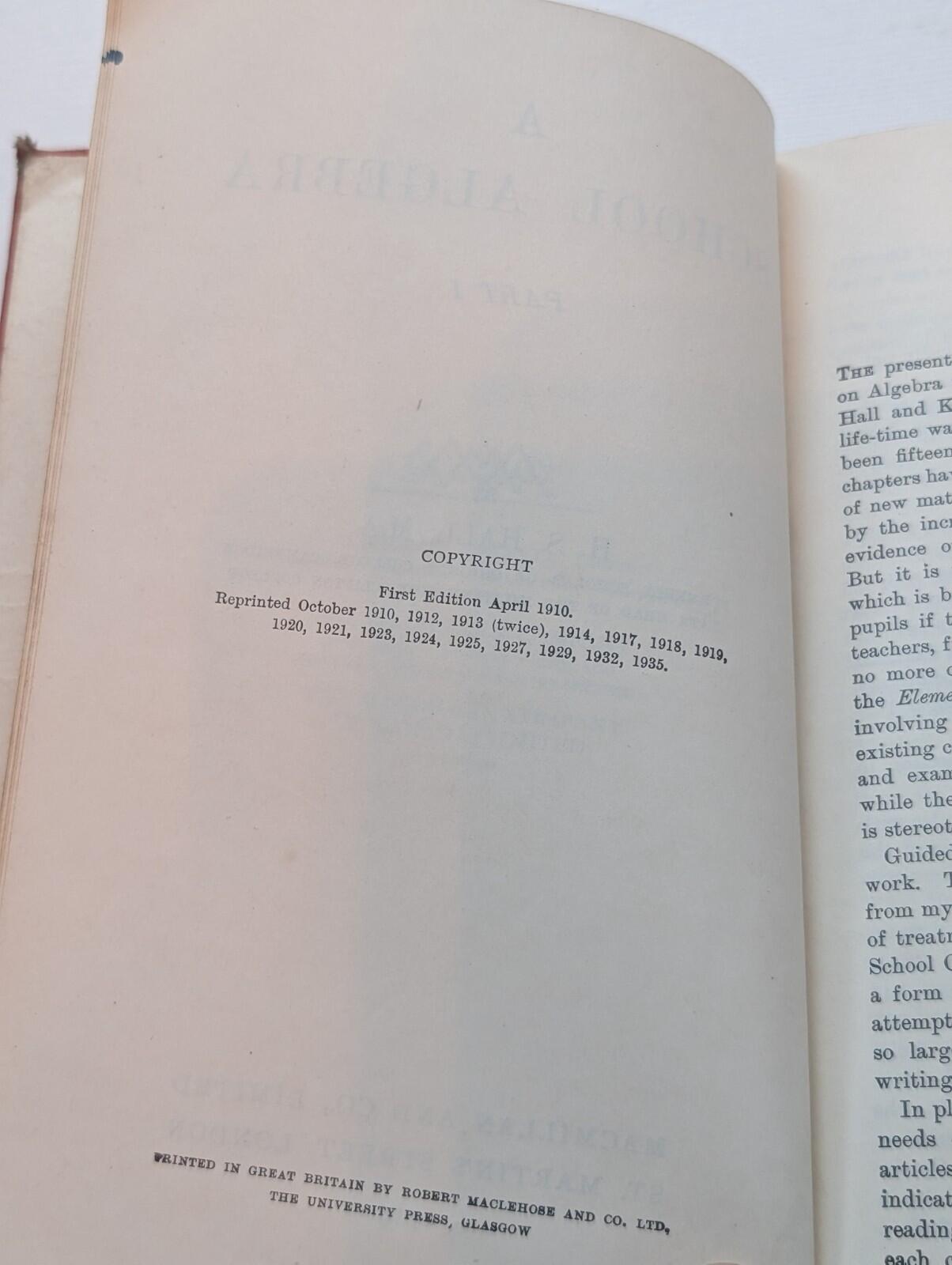 A School Algebra Part I by H.S. Hall - 1935 - Macmillan & Co Ltd