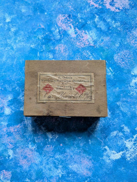 F. Thörl's Vintage Small Wooden Box with French Bulldog Card inside - 1940s