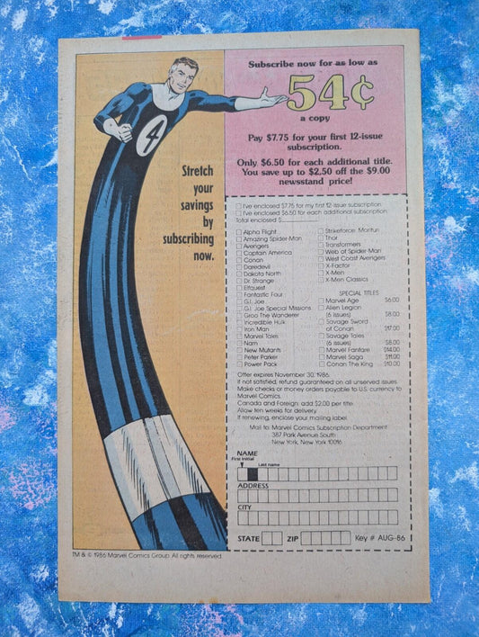 Vintage Fantastic Four Marvel Comics Subscription 1986 Advert - See Details