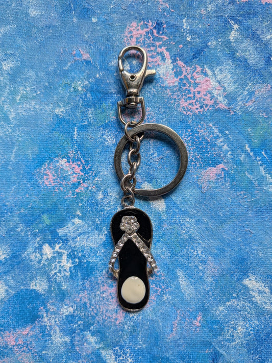 Black/Silver Metal and Rhinestone Flip-Flop Sandal Keyring/Keychain