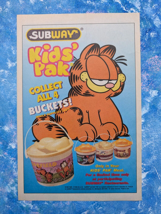 Garfield Subway Kid's Pak Bucket 1996 Advertisement - See Details