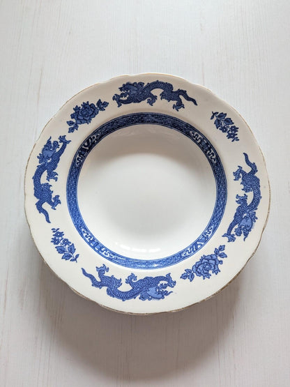 Vintage Royal Cauldon White/Blue Dragon Bowl and Saucer with Gold Rim