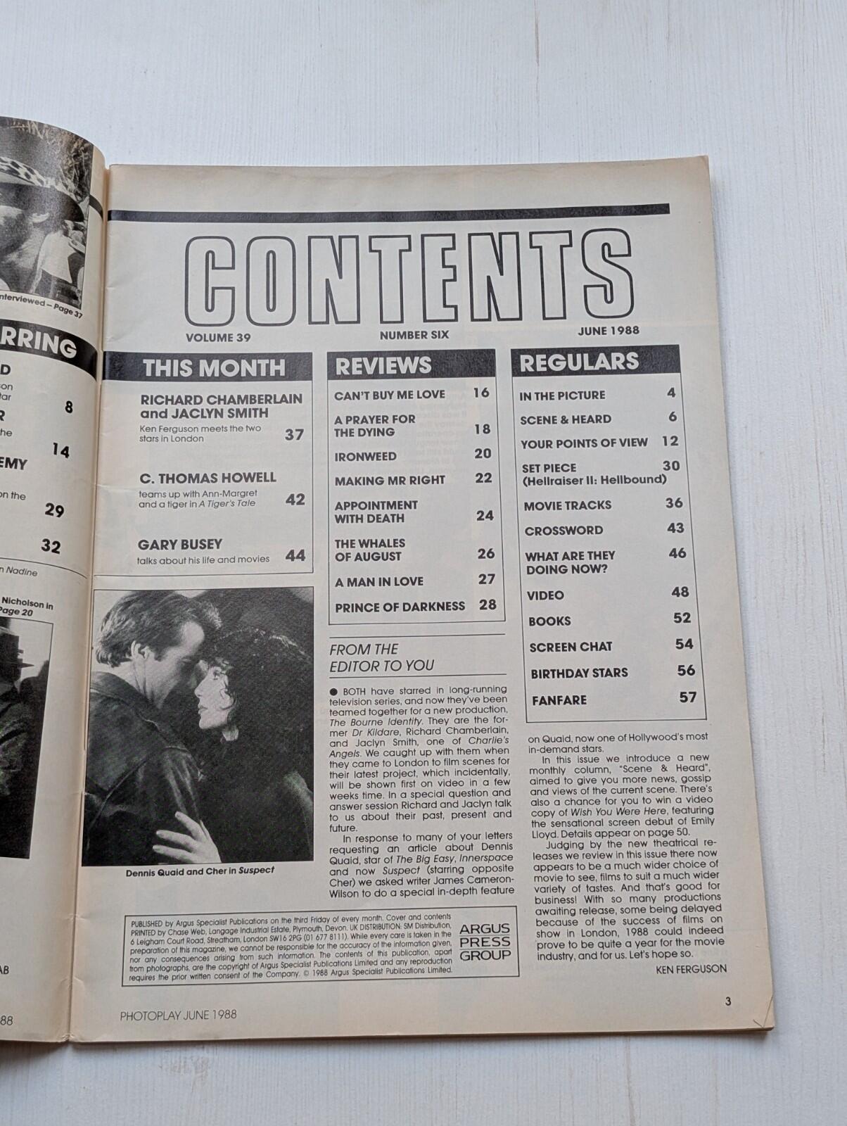 Photoplay Vol. 39 No. 6 June 1988, Kim Basinger/Hellraiser II/Tom Selleck + More