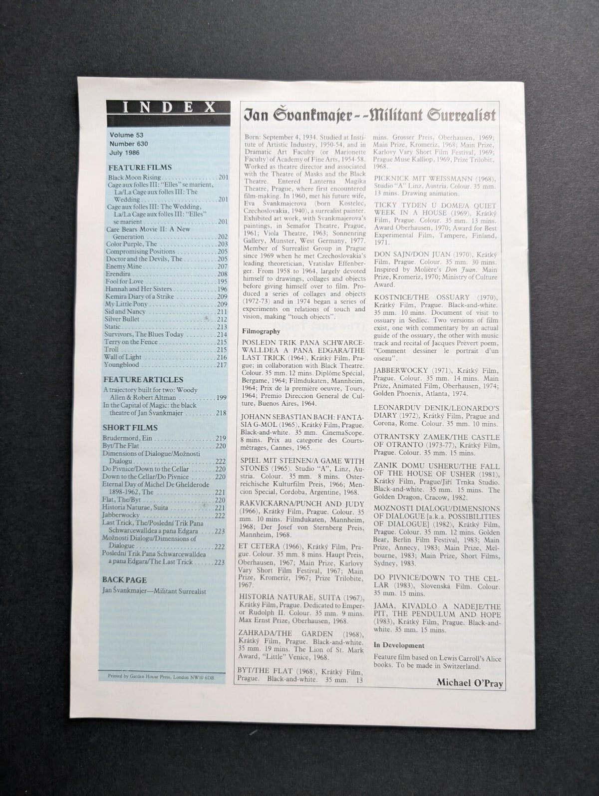 Monthly Film Bulletin Vol. 53 No. 630 July 1986 - Kim Basinger Cover