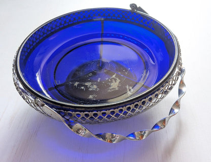 Vintage Cobalt Blue Glass Serving Bowl in Silver Metal Cradle - See Details