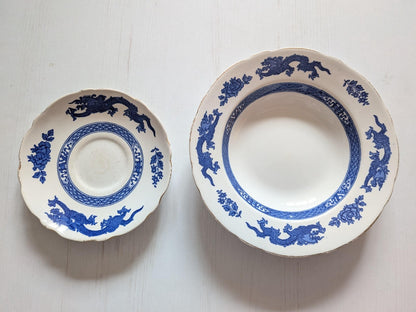 Vintage Royal Cauldon White/Blue Dragon Bowl and Saucer with Gold Rim