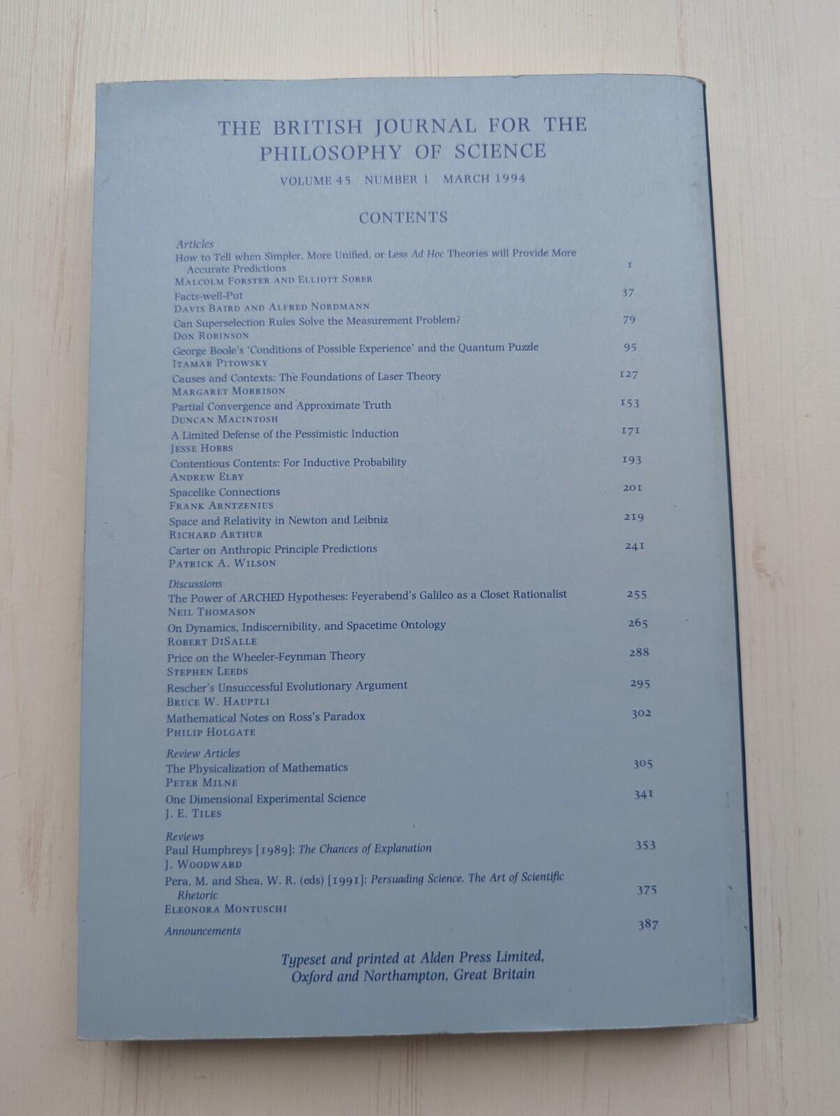 The British Journal For The Philosophy Of Science Vol. 45 No. 1 - March 1994